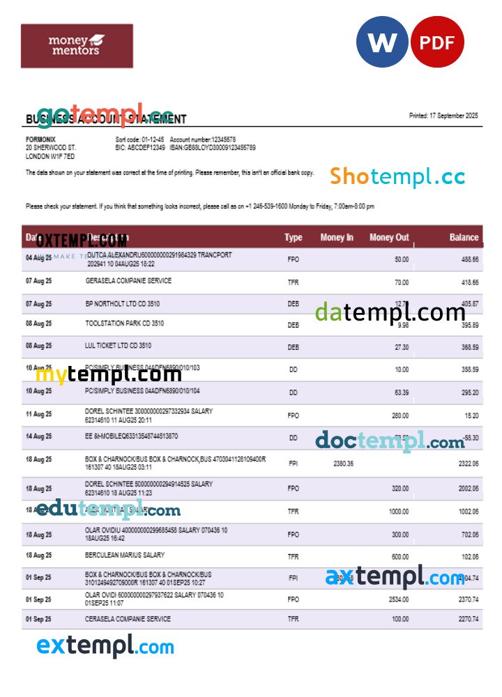 Canadian Money Mentors (MM) business organization checking statement Word and PDF format Canadian Money Mentors (MM) business organization checking statement Word and PDF format