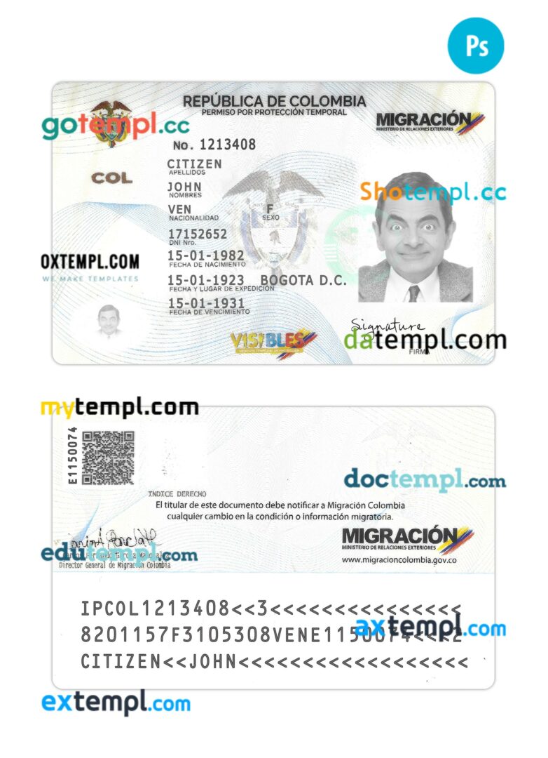 Colombia temporary protection leave card template in PSD format Colombia temporary protection leave card template in PSD format
