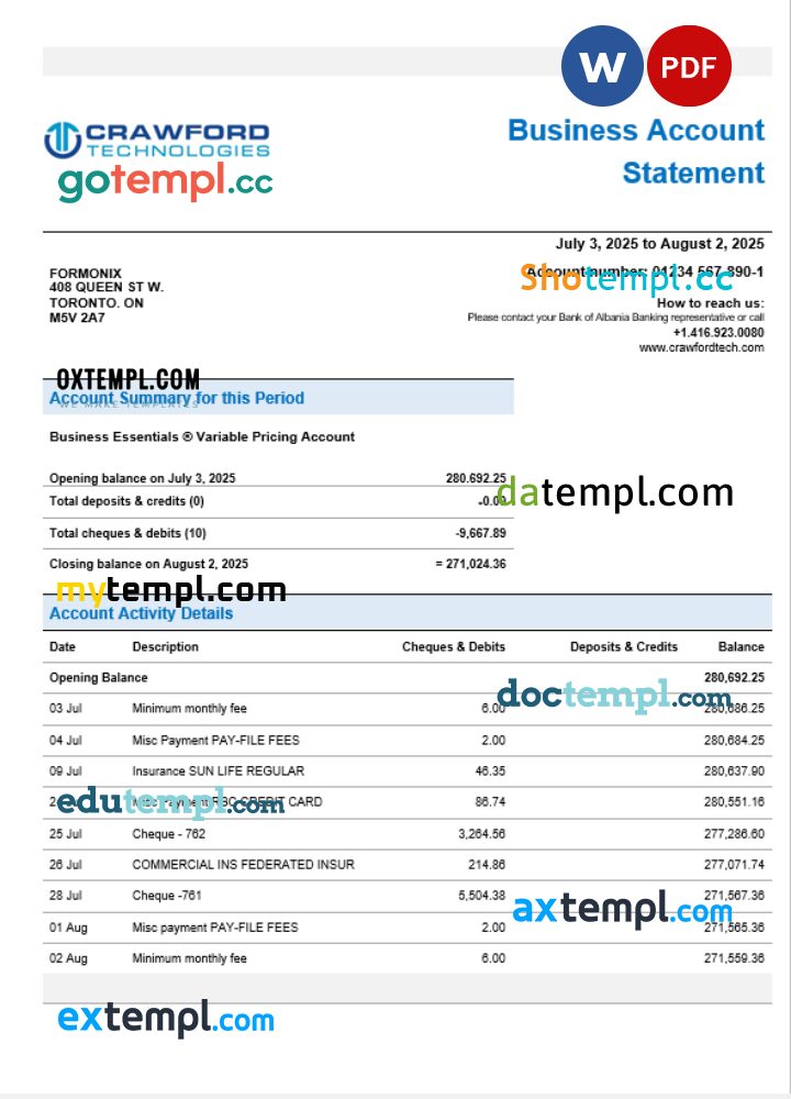 CrawfordTech business bank statement Word and PDF format CrawfordTech business bank statement Word and PDF format