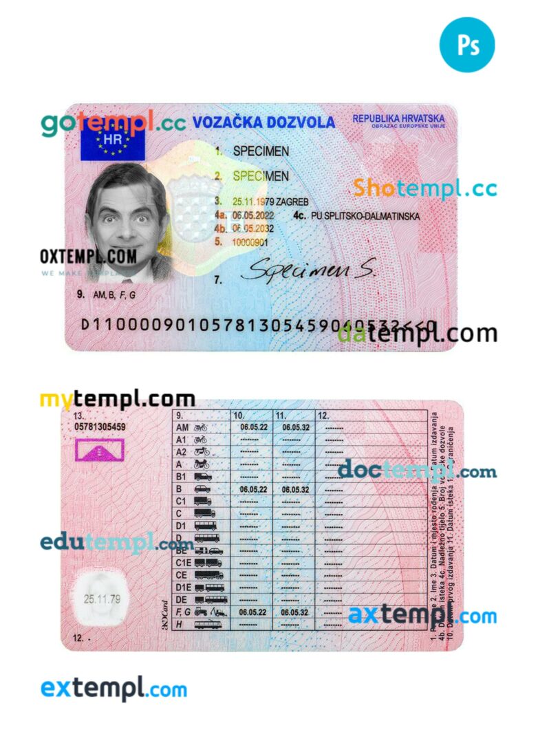 Croatia driving license PSD editable template, 2022-prsesent Croatia driving license PSD editable template, 2022-prsesent