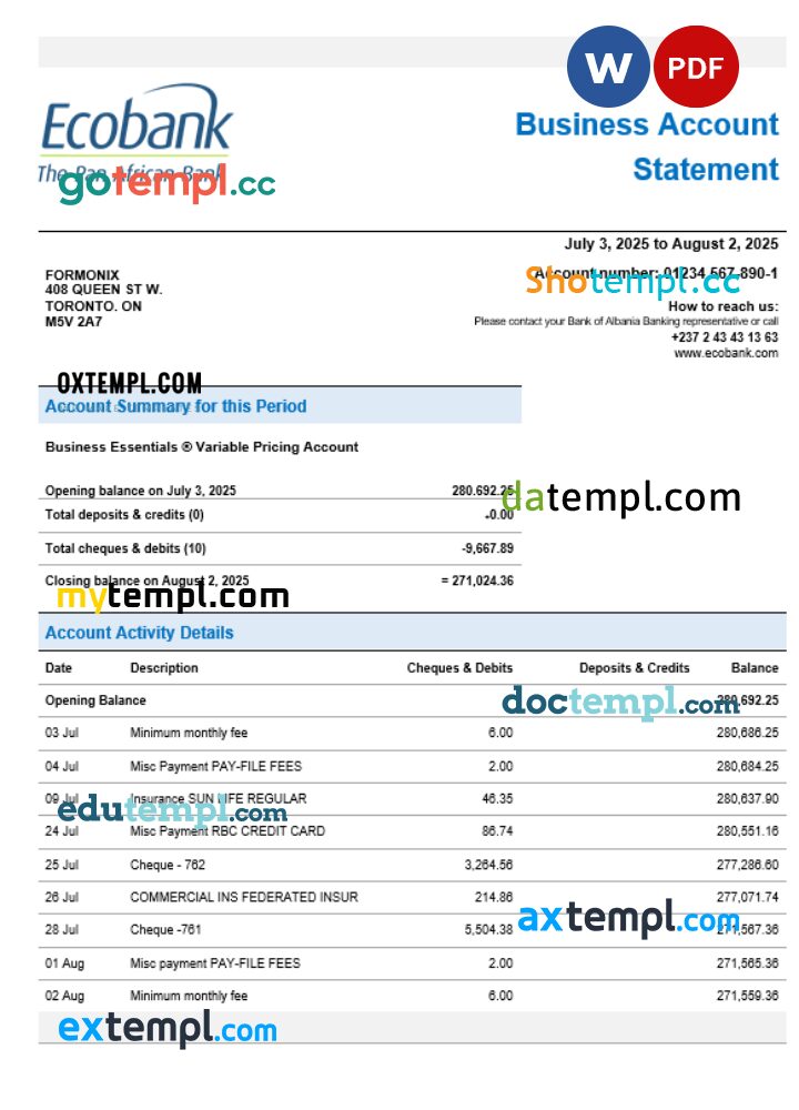 Ecobank organization checking account statement Word and PDF format Ecobank organization checking account statement Word and PDF format