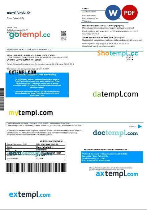Finland Oomi Palvelut Oy electricity business utility bill template in Word and PDF format Finland Oomi Palvelut Oy electricity business utility bill template in Word and PDF format
