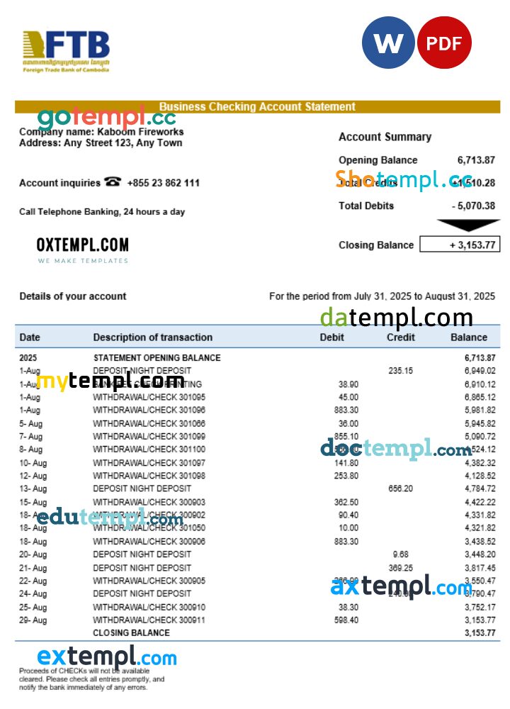 Foreign Trade Bank of Cambodian business bank statement Word and PDF format Foreign Trade Bank of Cambodian business bank statement Word and PDF format