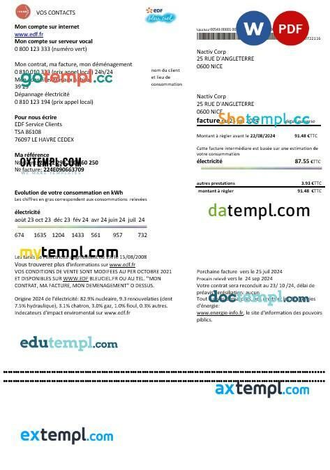 France EDF proof of address business utility bill template in Word and PDF format France EDF proof of address business utility bill template in Word and PDF format