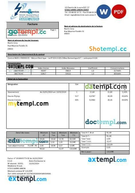 France Energies & Services Régie Municipal d’ Electricité Sarre-Union electricity business utility bill template in Word and PDF format France Energies & Services Régie Municipal d’ Electricité Sarre-Union electricity business utility bill template in Word and PDF format