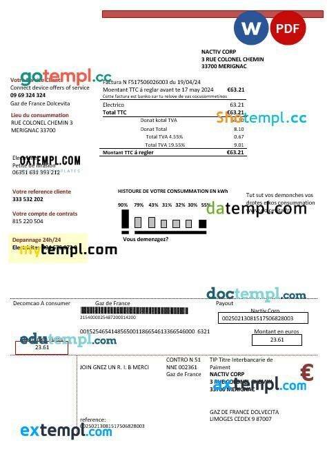 France Gaz de France Dolcevita business utility bill template in Word and PDF format France Gaz de France Dolcevita business utility bill template in Word and PDF format