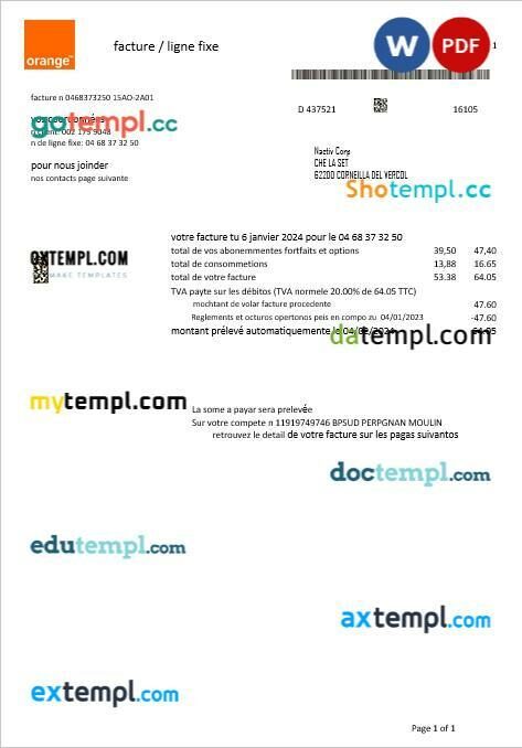 France Orange business utility bill template in Word and PDF format France Orange business utility bill template in Word and PDF format