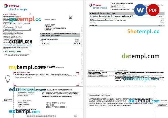 France Total Direct Energie business utility bill template in Word and PDF format France Total Direct Energie business utility bill template in Word and PDF format