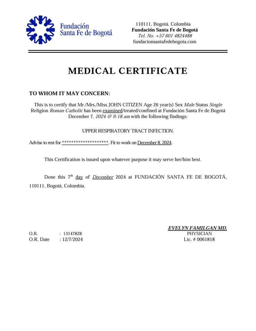 Fundación Santa Fe de Bogotá medical certificate template in Word and PDF formats Fundación Santa Fe de Bogotá medical certificate template in Word and PDF formats