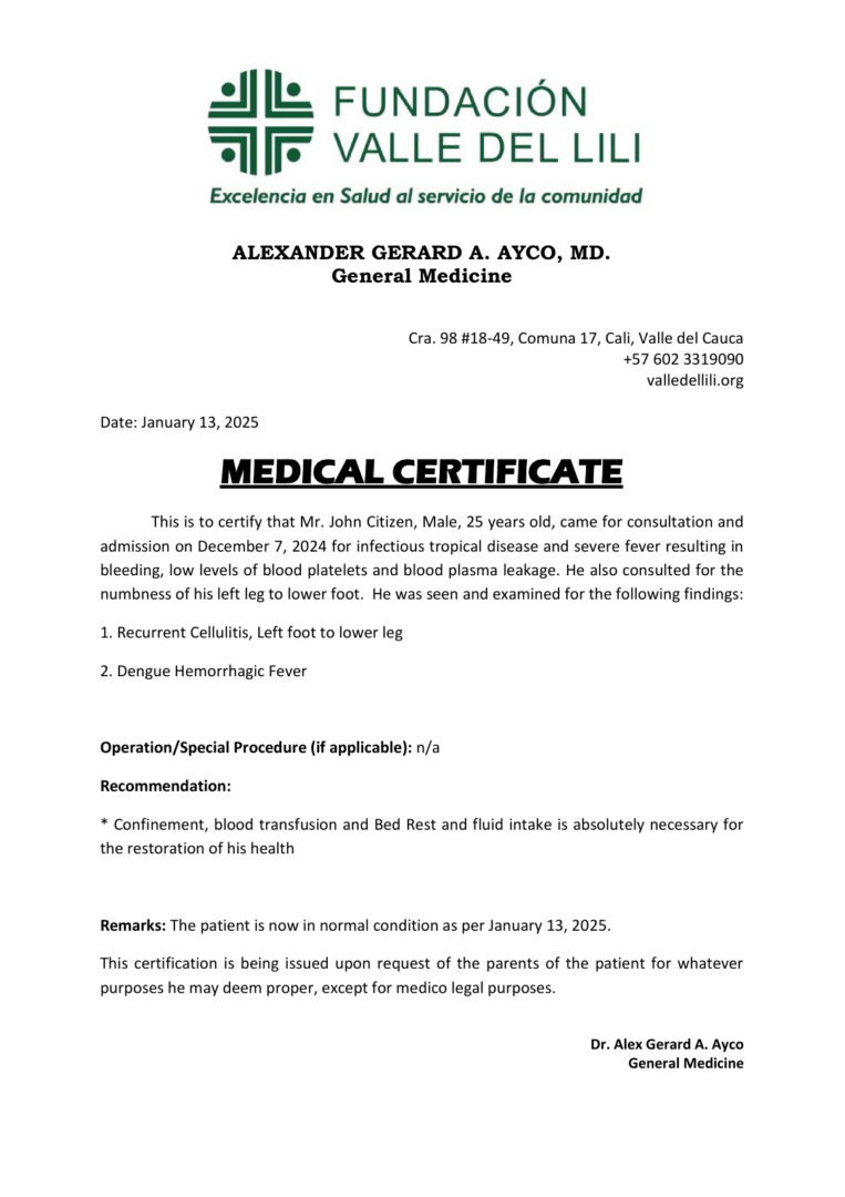 Fundación Valle del Lili medical certificate template in Word and PDF formats Fundación Valle del Lili medical certificate template in Word and PDF formats