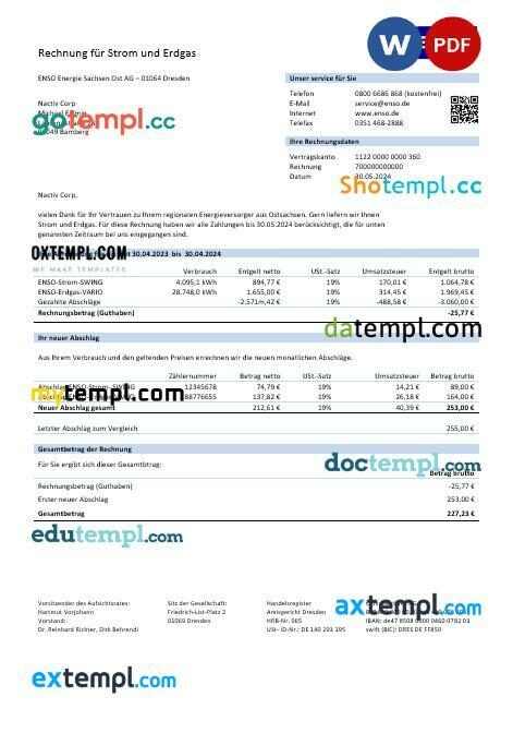 Germany ENSO rechnung für strom und erdgas business utility bill template in Word and PDF format Germany ENSO rechnung für strom und erdgas business utility bill template in Word and PDF format