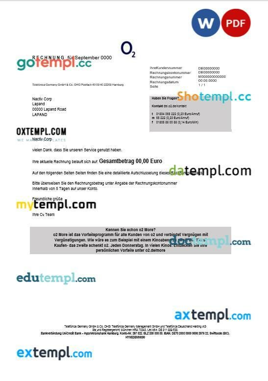 Germany RECHNUNG O2 business utility bill template in Word and PDF format Germany RECHNUNG O2 business utility bill template in Word and PDF format