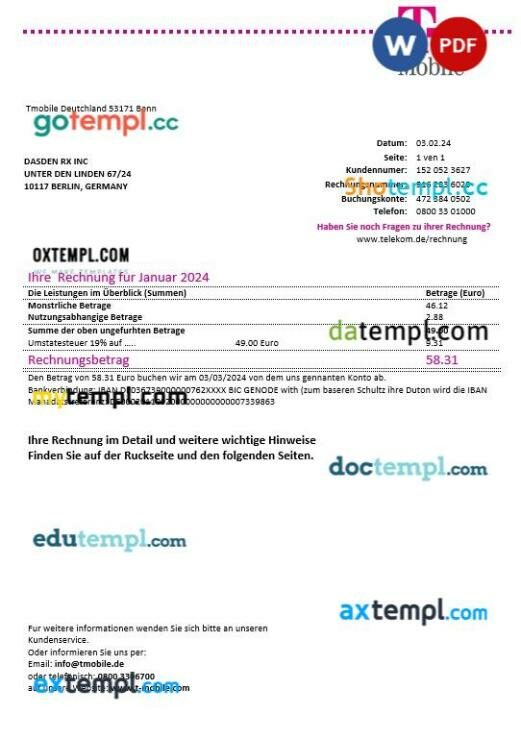 Germany T Mobile business utility bill template in Word and PDF format Germany T Mobile business utility bill template in Word and PDF format