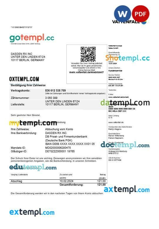 Germany VATTENFALL business utility bill template in Word and PDF format Germany VATTENFALL business utility bill template in Word and PDF format
