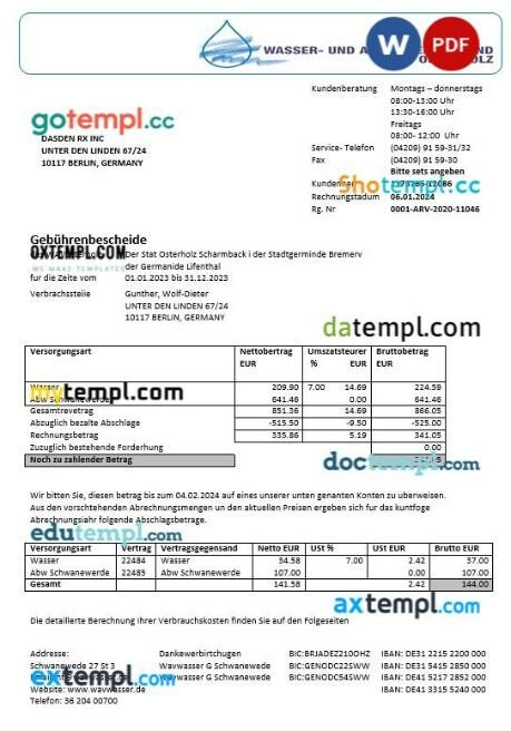 Germany Wavwasser business utility bill template in Word and PDF format Germany Wavwasser business utility bill template in Word and PDF format