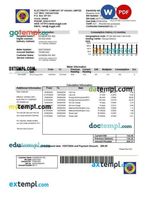 Ghana Electricity Company of Ghana business utility bill template in Word and PDF format Ghana Electricity Company of Ghana business utility bill template in Word and PDF format