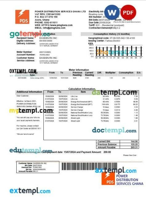 Ghana PDS electricity business utility bill template in Word and PDF format Ghana PDS electricity business utility bill template in Word and PDF format