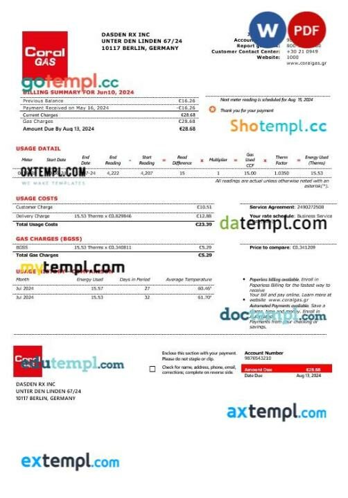 Greece CORAL GAS business utility bill template in Word and PDF format Greece CORAL GAS business utility bill template in Word and PDF format