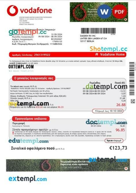 Greece Vodafone Greece business utility bill template in Word and PDF format Greece Vodafone Greece business utility bill template in Word and PDF format