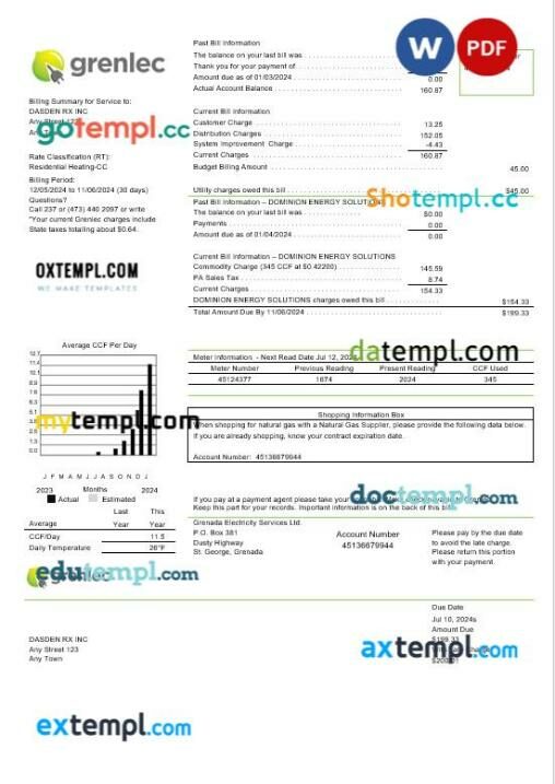 Grenada Electricity Services business utility bill template in Word and PDF format Grenada Electricity Services business utility bill template in Word and PDF format