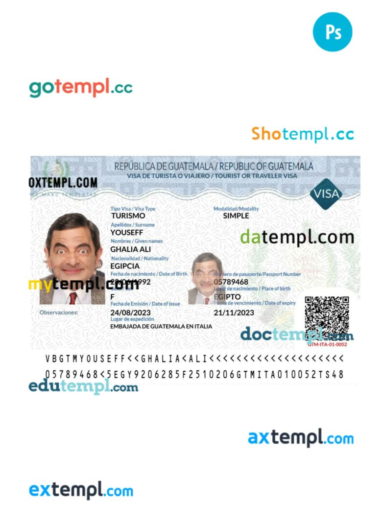 Guatemala tourist or traveler visa template in PSD format Guatemala tourist or traveler visa template in PSD format