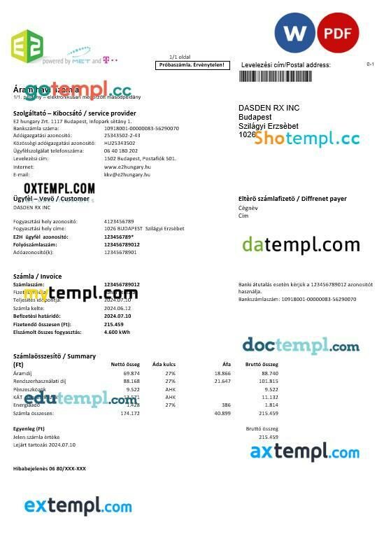 Hungary E2 business utility bill template in Word and PDF format Hungary E2 business utility bill template in Word and PDF format