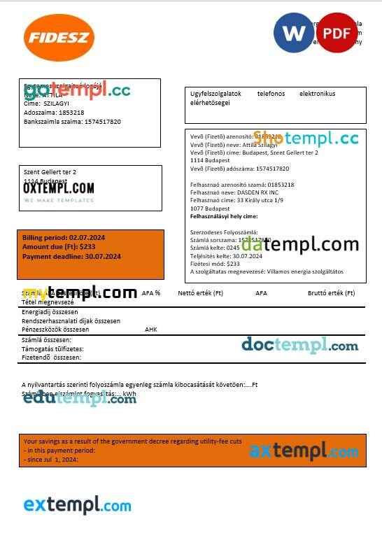 Hungary FIDESZ easy to fill business utility bill template in Word and PDF format Hungary FIDESZ easy to fill business utility bill template in Word and PDF format