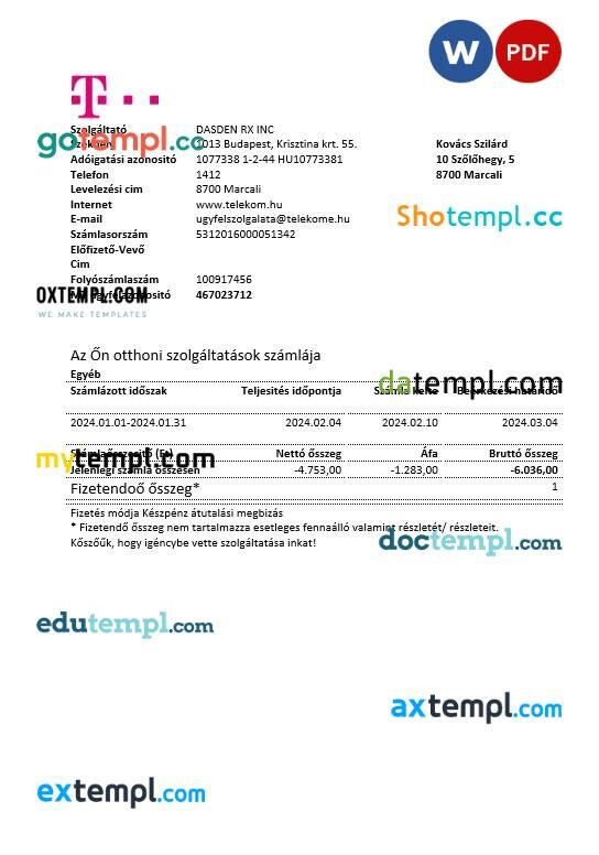 Hungary Magyartel business utility bill template in Word and PDF format Hungary Magyartel business utility bill template in Word and PDF format