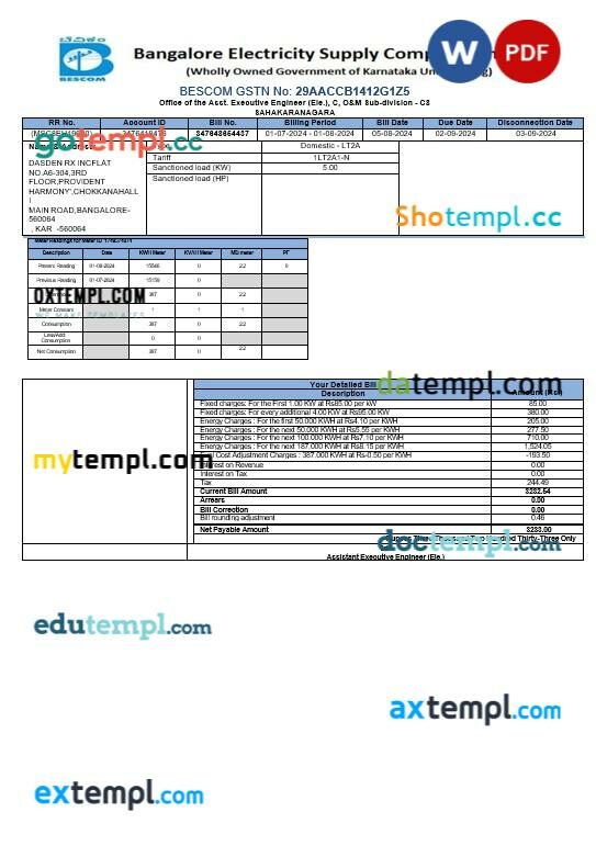 India bescom business utility bill template in Word and PDF format India bescom business utility bill template in Word and PDF format