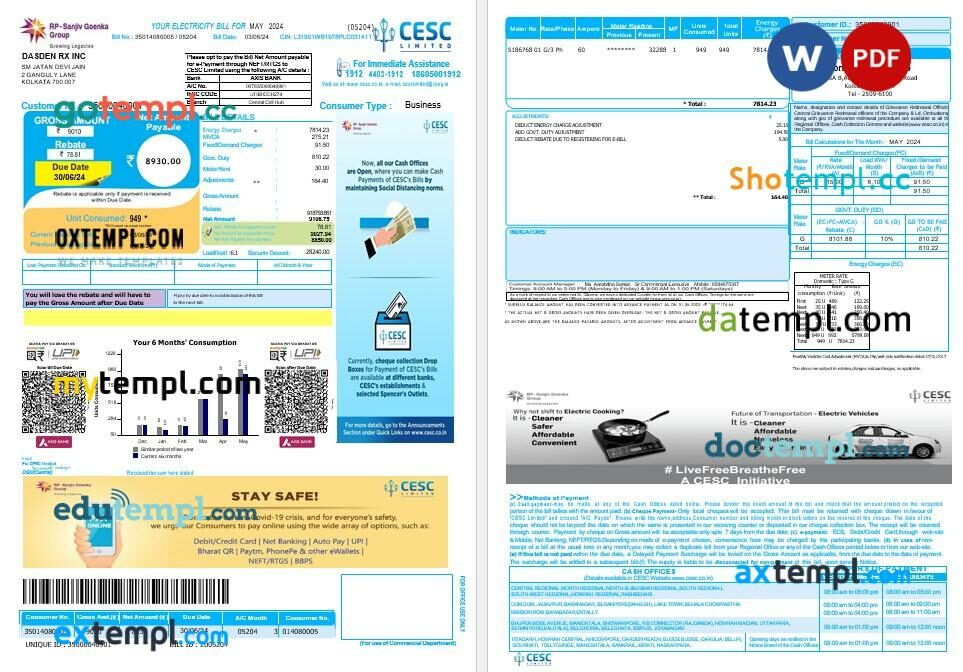 India cesc limited business utility bill template in Word and PDF format India cesc limited business utility bill template in Word and PDF format
