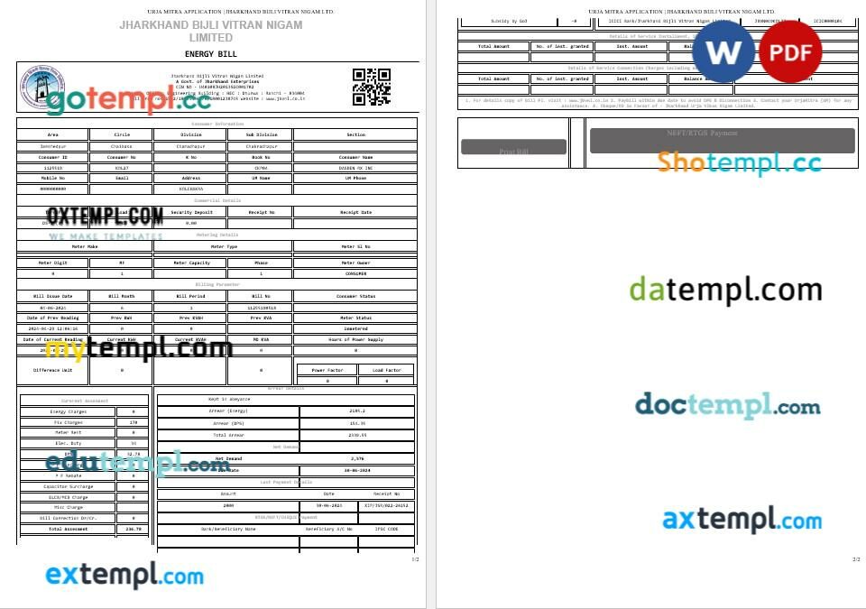 India jharkhand bijli vitran nigam ltd. business utility bill template in Word and PDF format India jharkhand bijli vitran nigam ltd. business utility bill template in Word and PDF format