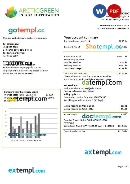 Iceland Arctic Green Energy Corporation electricity business utility bill template in Word and PDF format Iceland Arctic Green Energy Corporation electricity business utility bill template in Word and PDF format