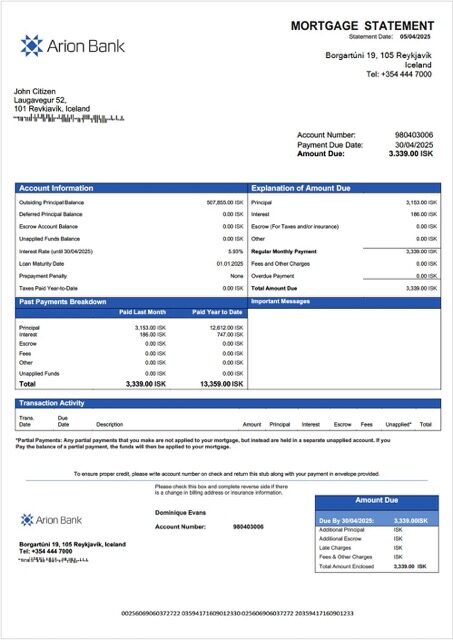 Iceland Arion Bank mortgage statement Word and PDF template Iceland Arion Bank mortgage statement Word and PDF template