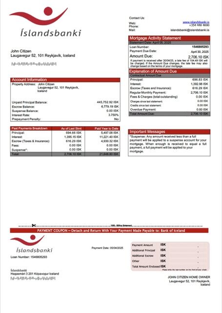 Iceland Bank of Iceland (Íslandsbanki) mortgage statement Word and PDF template Iceland Bank of Iceland (Íslandsbanki) mortgage statement Word and PDF template