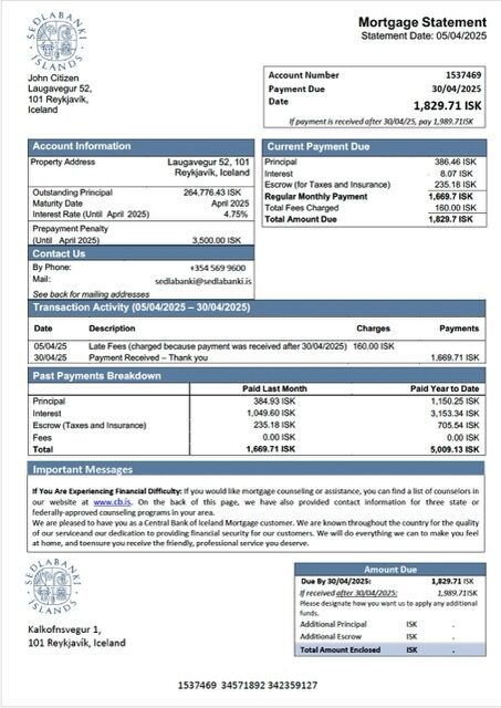 Iceland Central Bank of Iceland mortgage statement Word and PDF template Iceland Central Bank of Iceland mortgage statement Word and PDF template