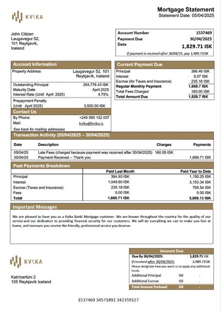 Iceland Kvika Banki mortgage statement Word and PDF template Iceland Kvika Banki mortgage statement Word and PDF template