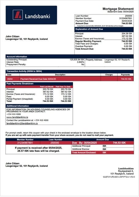 Iceland Landsbankinn mortgage statement Word and PDF template Iceland Landsbankinn mortgage statement Word and PDF template
