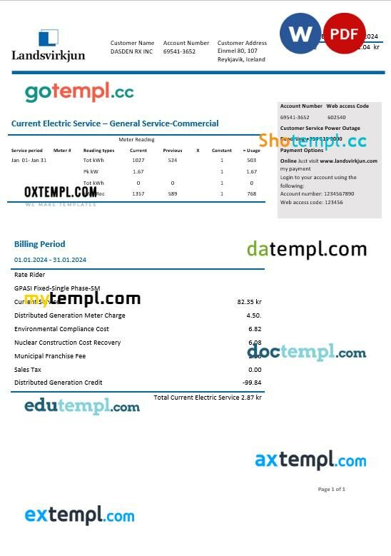 Iceland National Power Company of Iceland Landsvirkjun electricity business utility bill template in Word and PDF format Iceland National Power Company of Iceland Landsvirkjun electricity business utility bill template in Word and PDF format