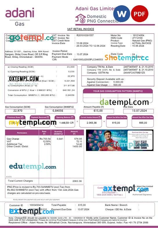 India Adani business utility bill template in Word and PDF format India Adani business utility bill template in Word and PDF format