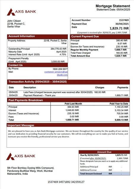 India Axis Bank mortgage statement Word and PDF template India Axis Bank mortgage statement Word and PDF template