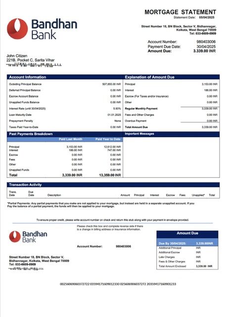 India Bandhan Bank mortgage statement Word and PDF template India Bandhan Bank mortgage statement Word and PDF template
