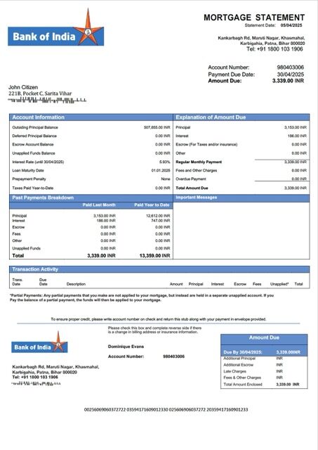 India Bank of India mortgage statement Word and PDF template India Bank of India mortgage statement Word and PDF template
