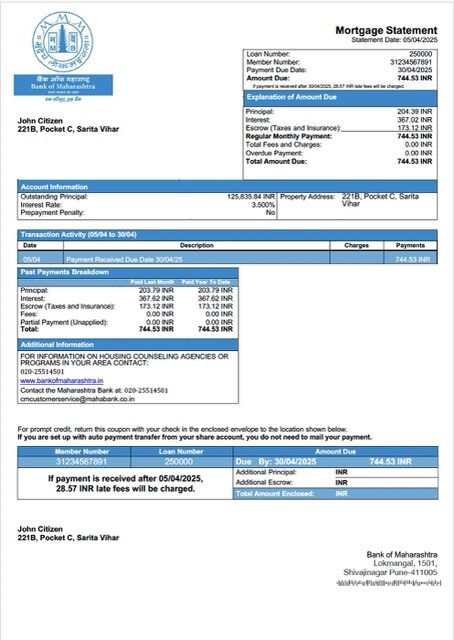India Bank of Maharashtra mortgage statement Word and PDF template India Bank of Maharashtra mortgage statement Word and PDF template