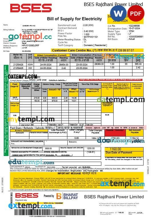 India Bses electricity business utility bill template in Word and PDF format India Bses electricity business utility bill template in Word and PDF format