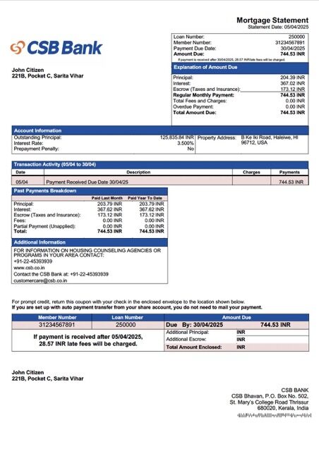 India CSB Bank mortgage statement Word and PDF template India CSB Bank mortgage statement Word and PDF template