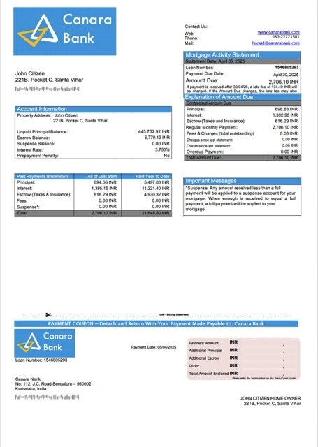 India Canara Bank mortgage statement Word and PDF template India Canara Bank mortgage statement Word and PDF template