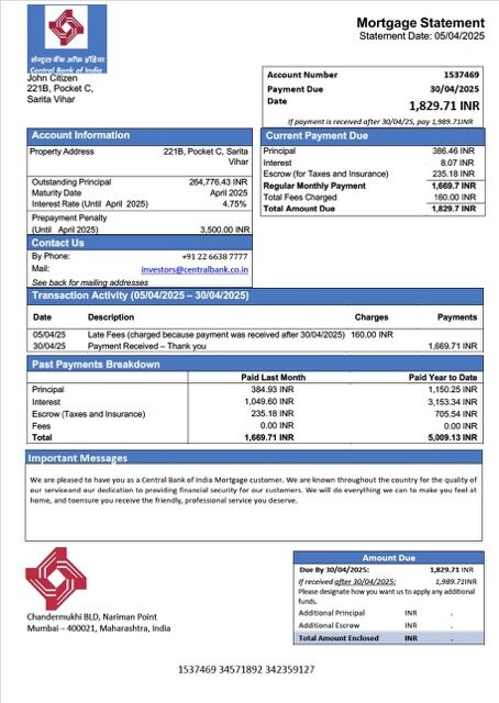 India Central Bank of India mortgage statement Word and PDF template India Central Bank of India mortgage statement Word and PDF template