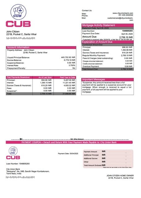India City Union Bank mortgage statement Word and PDF template India City Union Bank mortgage statement Word and PDF template