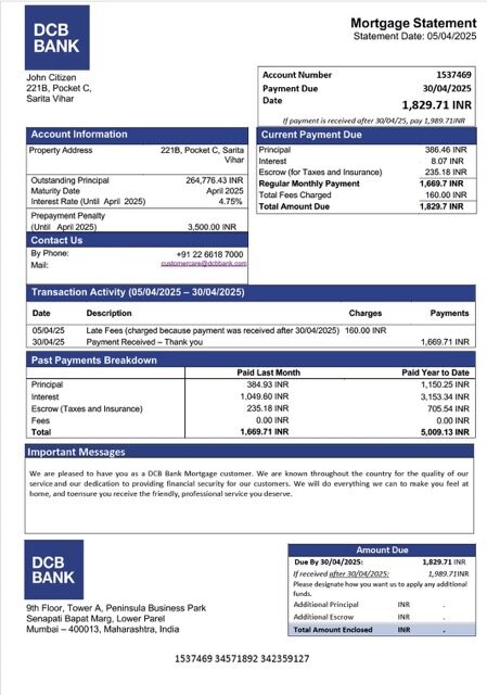 India DCB Bank mortgage statement Word and PDF template India DCB Bank mortgage statement Word and PDF template