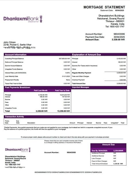 India Dhanlaxmi Bank mortgage statement Word and PDF template India Dhanlaxmi Bank mortgage statement Word and PDF template